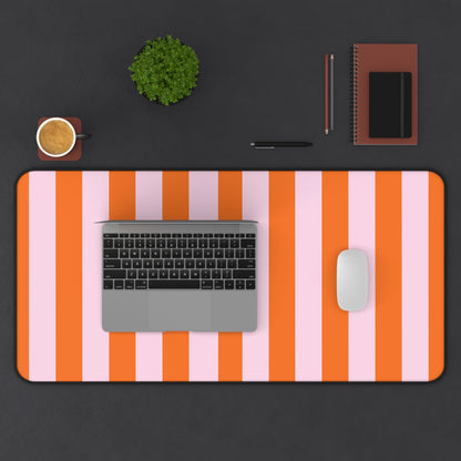 Extra large 16 x 32 inch Orange Cabana Stripe desk mat with laptop and mouse