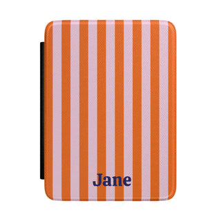 Orange Cabana Stripe Kindle case front with the name Jane in navy