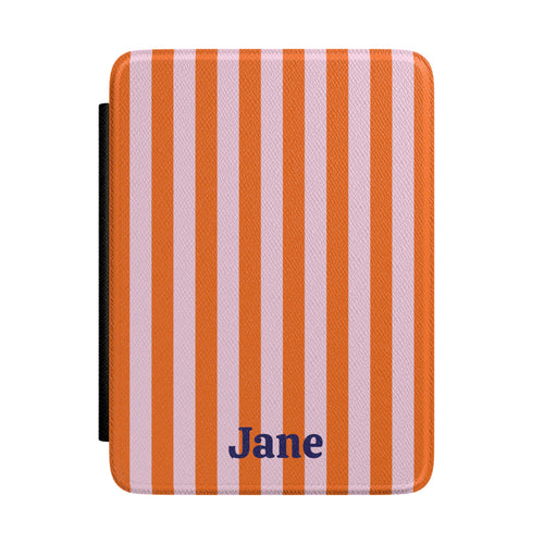 Orange Cabana Stripe Kindle case front with the name Jane in navy