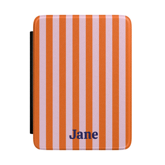 Orange Cabana Stripe Kindle case front with the name Jane in navy