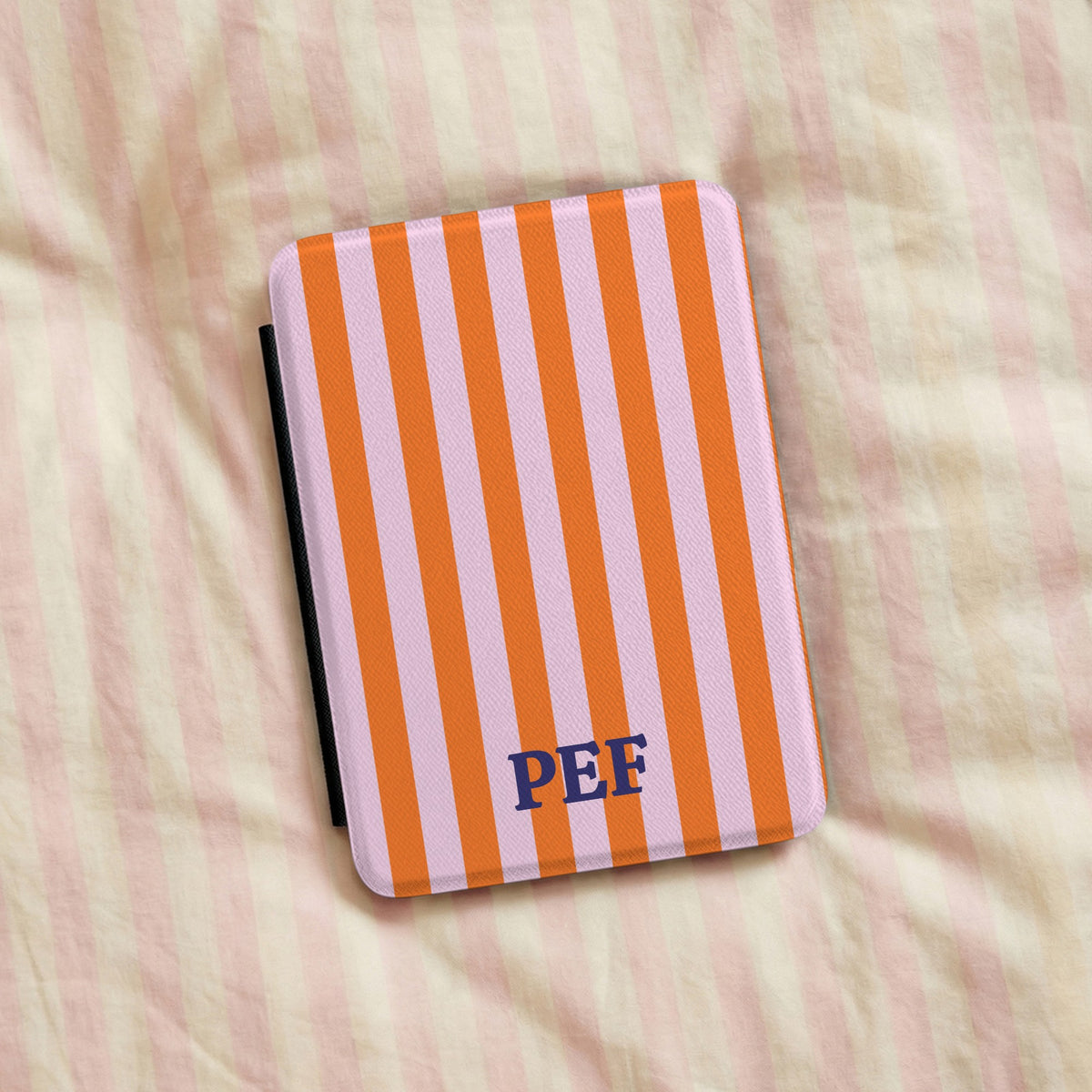 Orange Cabana Stripe Kindle case with initials on pink striped bedding