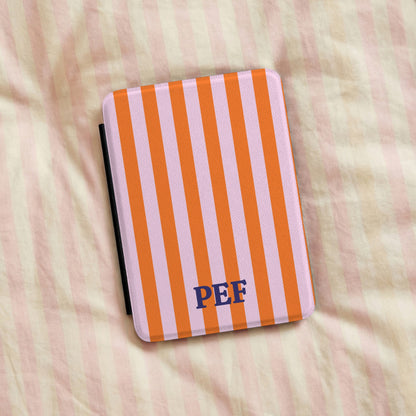 Orange Cabana Stripe Kindle case with initials on pink striped bedding