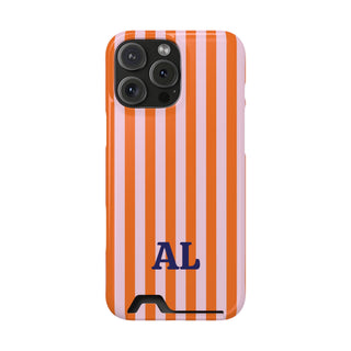 Orange Cabana Stripe phone case with card holder and navy AL monogram, back view