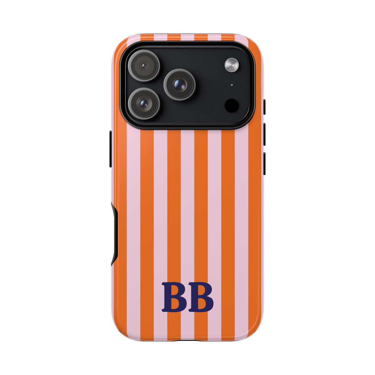 Orange Cabana Stripe personalized tough case on an iPhone, back view