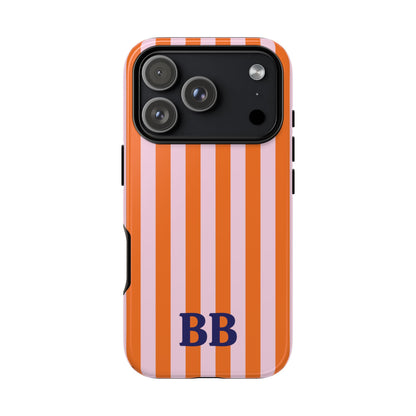 Orange Cabana Stripe personalized tough case on an iPhone, back view