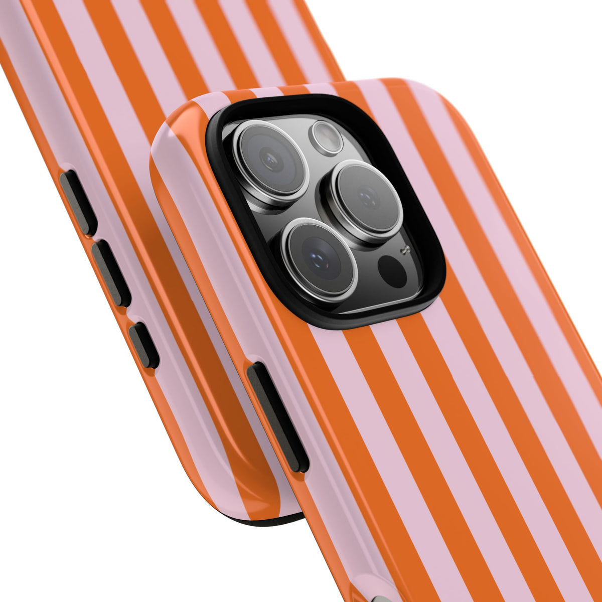 Close-up of the camera cutout on the Orange Cabana Stripe tough case