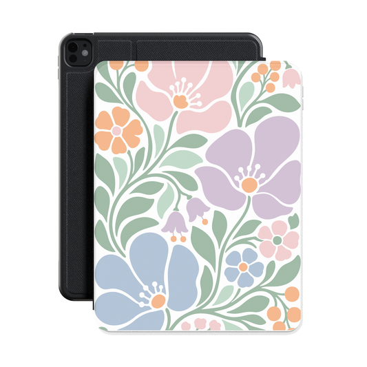 Pastel Folk Floral iPad case standing in front of a black iPad