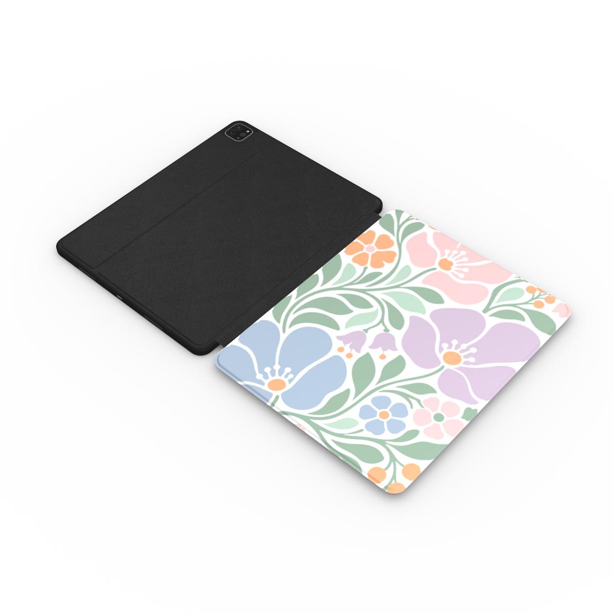 Pastel Folk Floral iPad case opened flat showing the printed front and black back