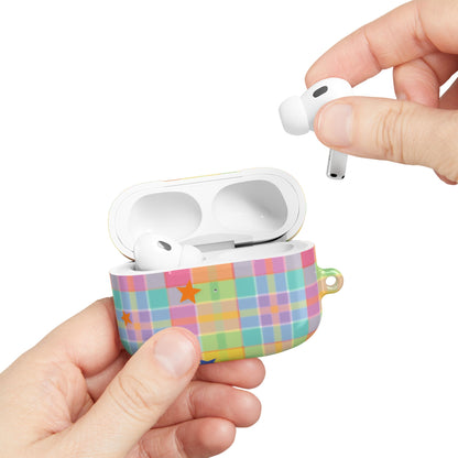 Pastel Plaid Stars AirPods case held open with an earbud
