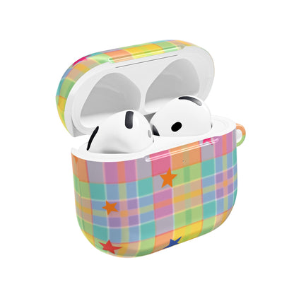 Pastel Plaid Stars AirPods case open with AirPods inside