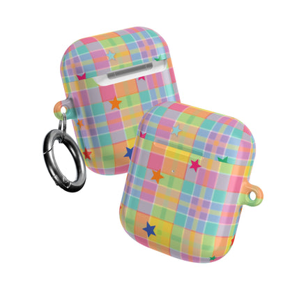 Two Pastel Plaid Stars AirPods cases with carabiner