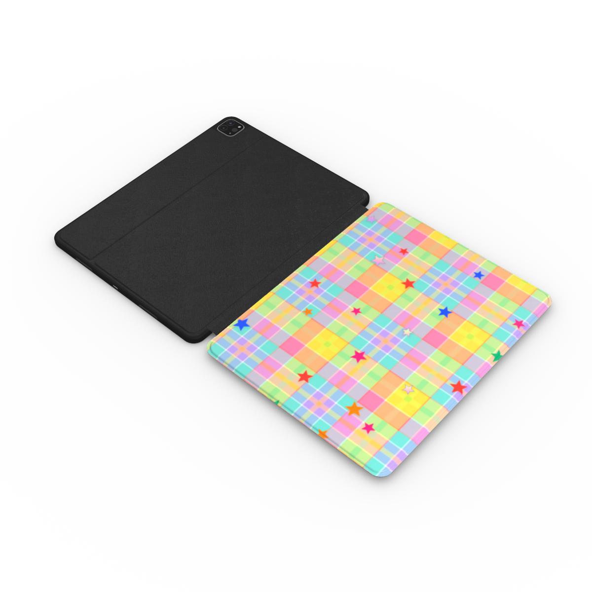 Pastel Plaid Stars iPad case opened flat