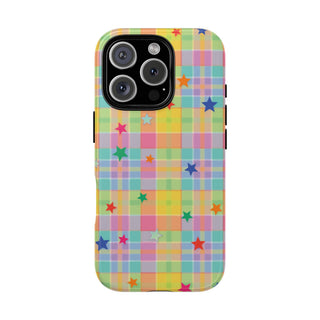 Pastel Plaid Stars tough phone case, back view