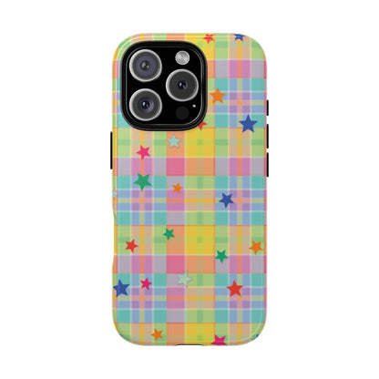 Pastel Plaid Stars tough phone case, back view