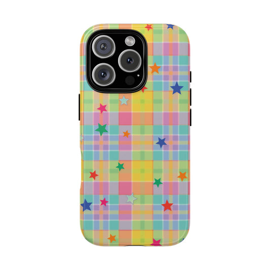 Pastel Plaid Stars tough phone case, back view