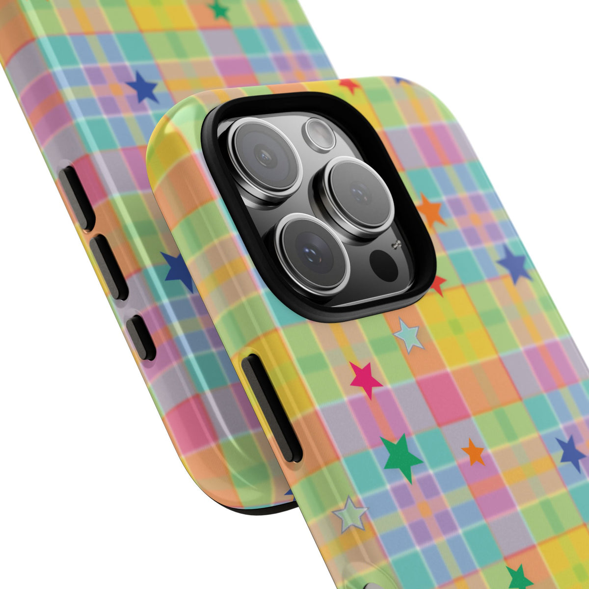 Close-up of the Pastel Plaid Stars tough phone case camera corner
