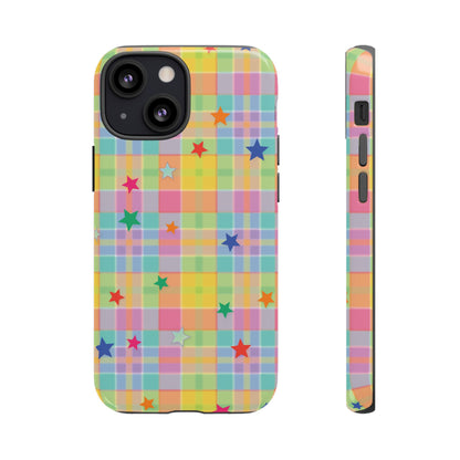 Pastel Plaid Stars tough phone case back and side view