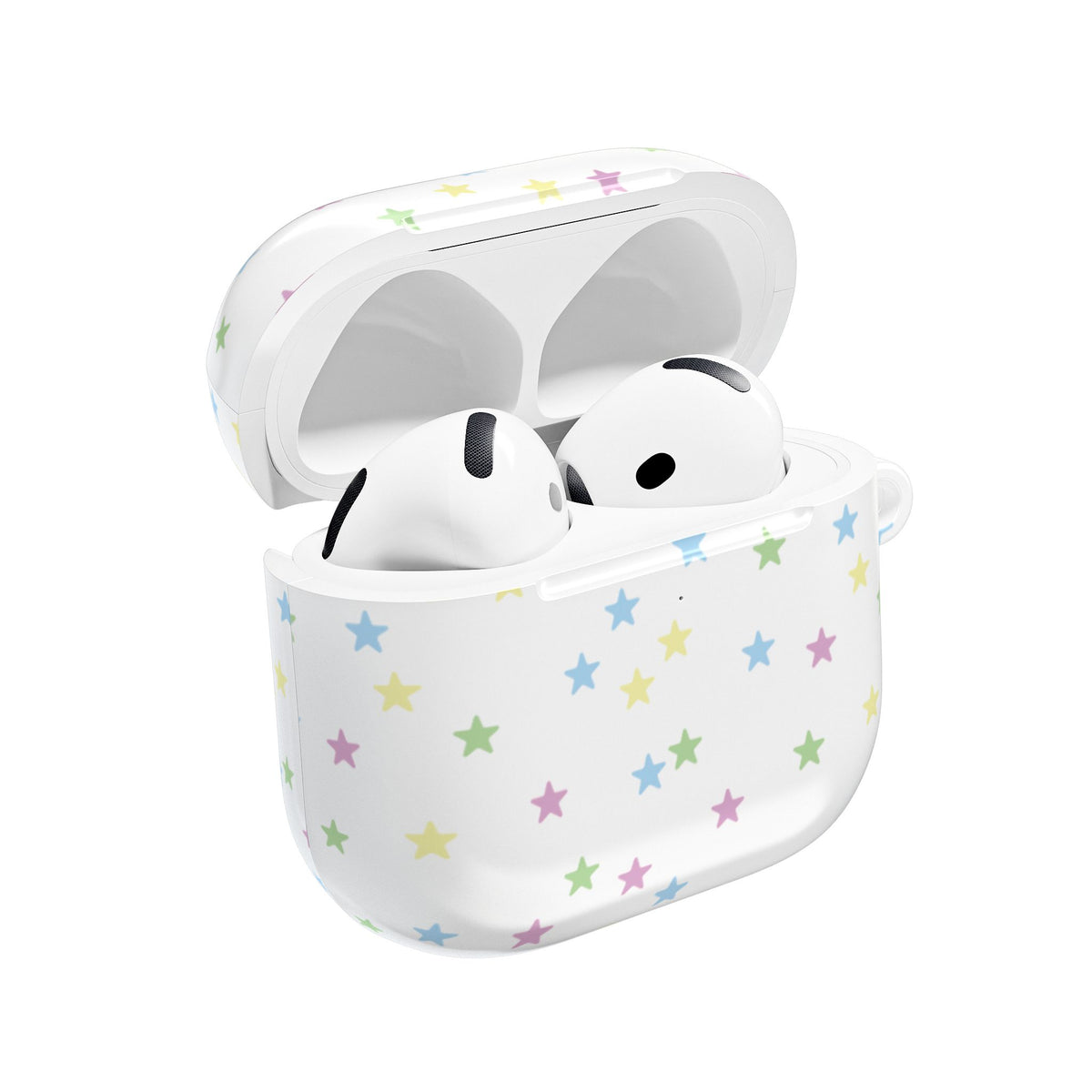 Pastel stars AirPods case open with AirPods inside