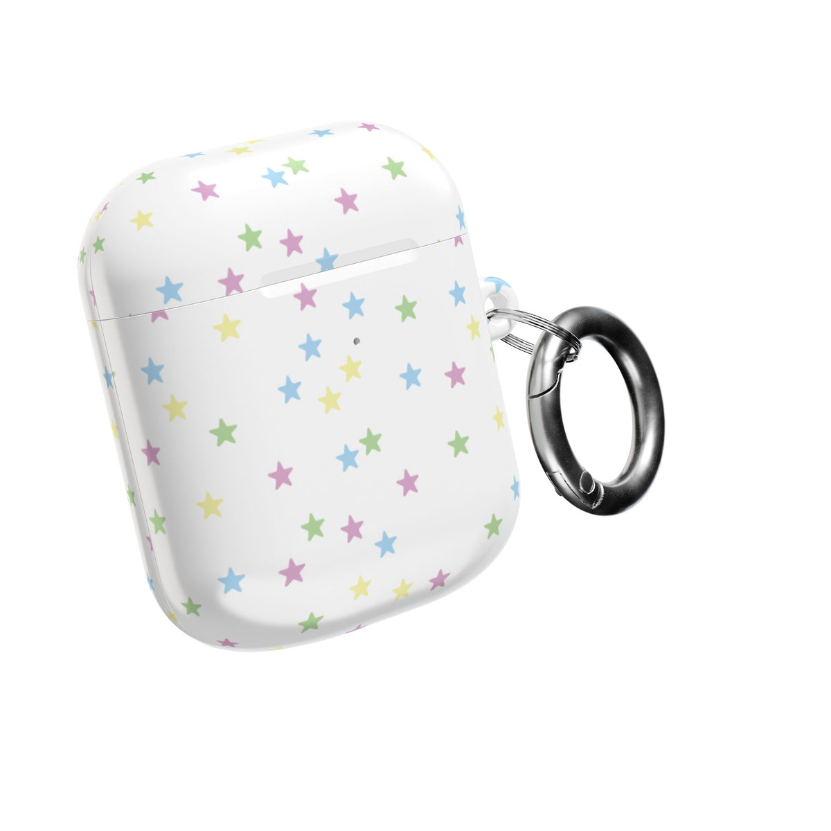 Pastel stars AirPods case closed, with the carabiner clip