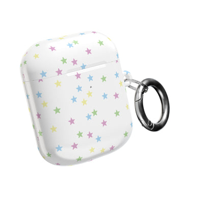 Pastel stars AirPods case closed, with the carabiner clip