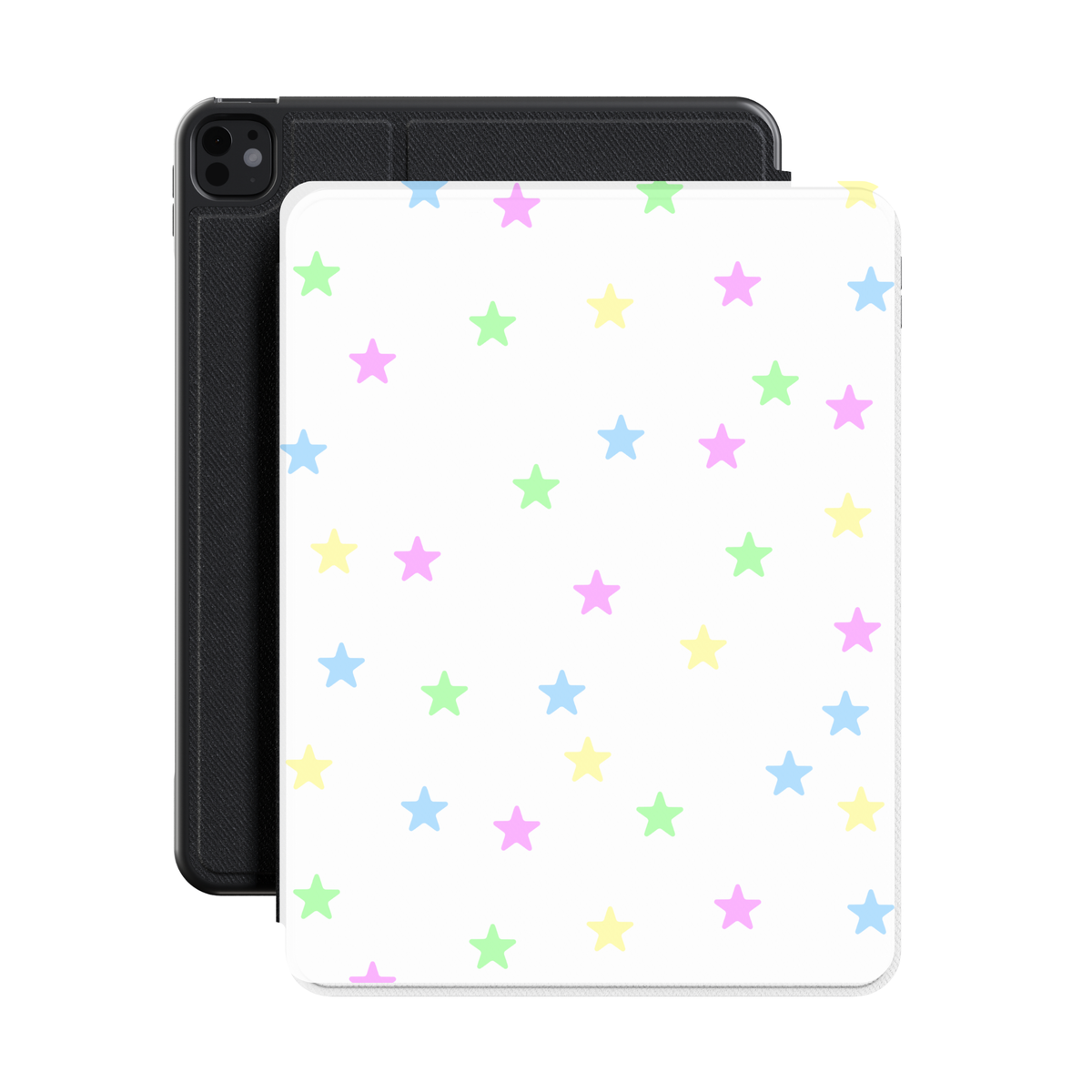 Pastel Stars iPad case standing in front of a black iPad