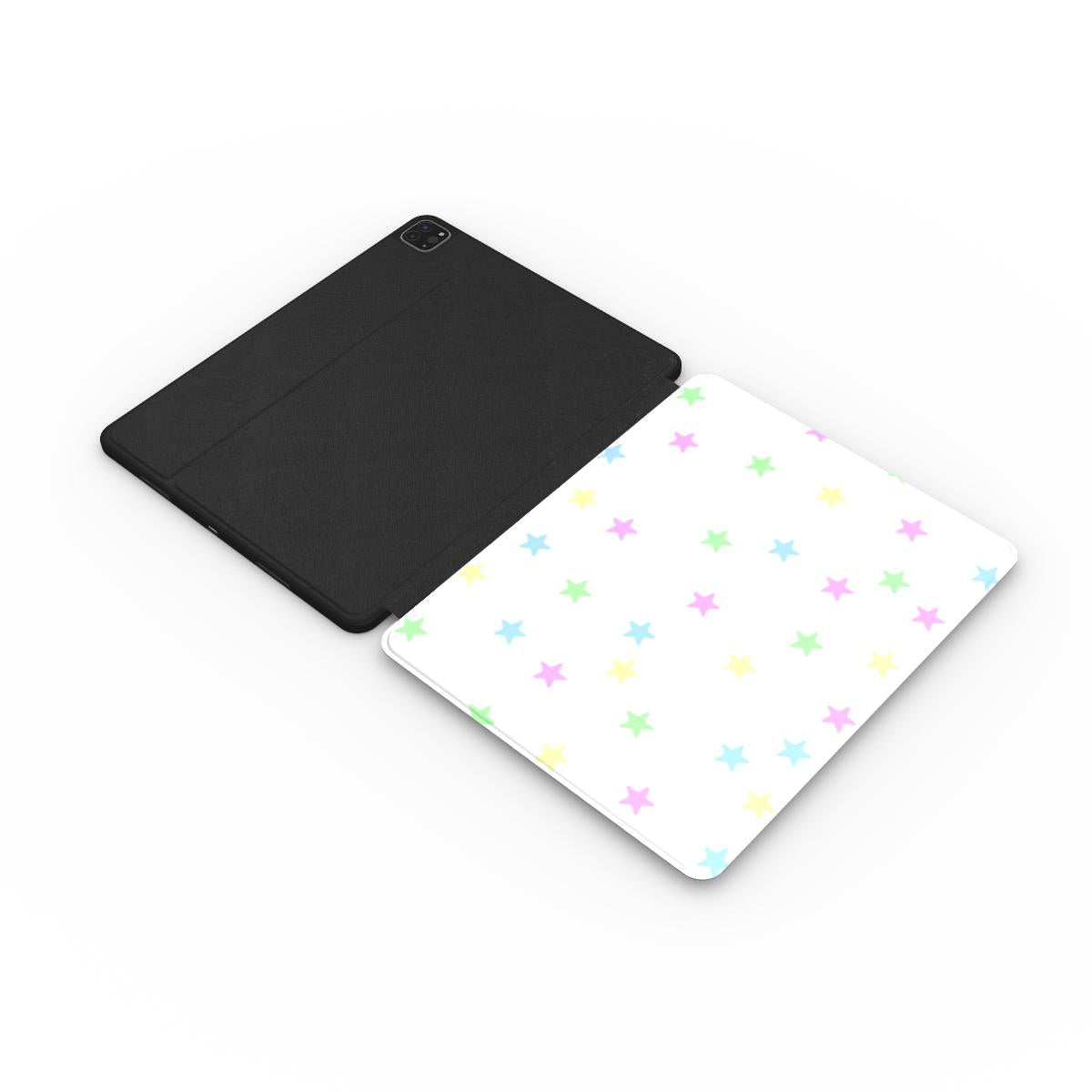 Pastel Stars iPad case opened flat showing the printed front and black back