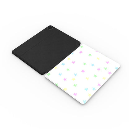 Pastel Stars iPad case opened flat showing the printed front and black back