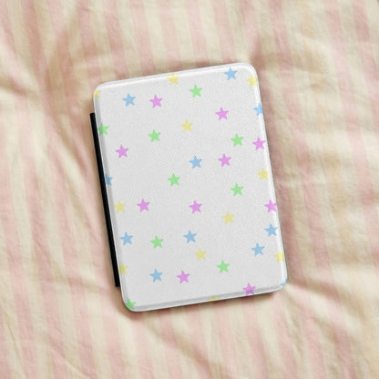 Pastel Stars Kindle case on pink striped linen bedding