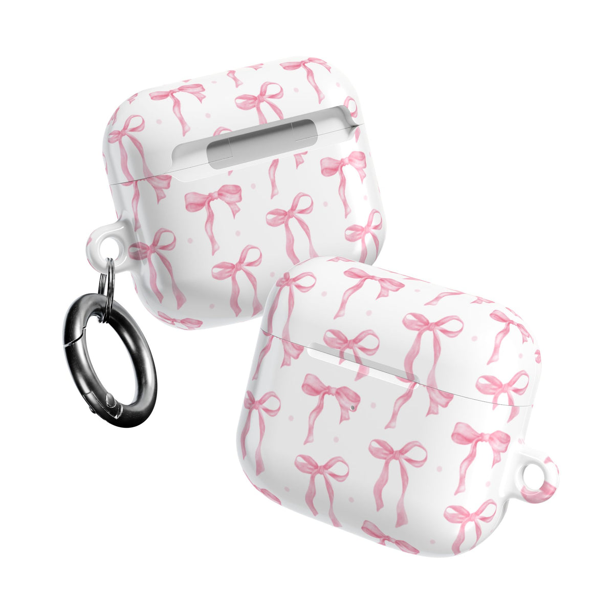 Front and back of the Pink Bow AirPods case with carabiner