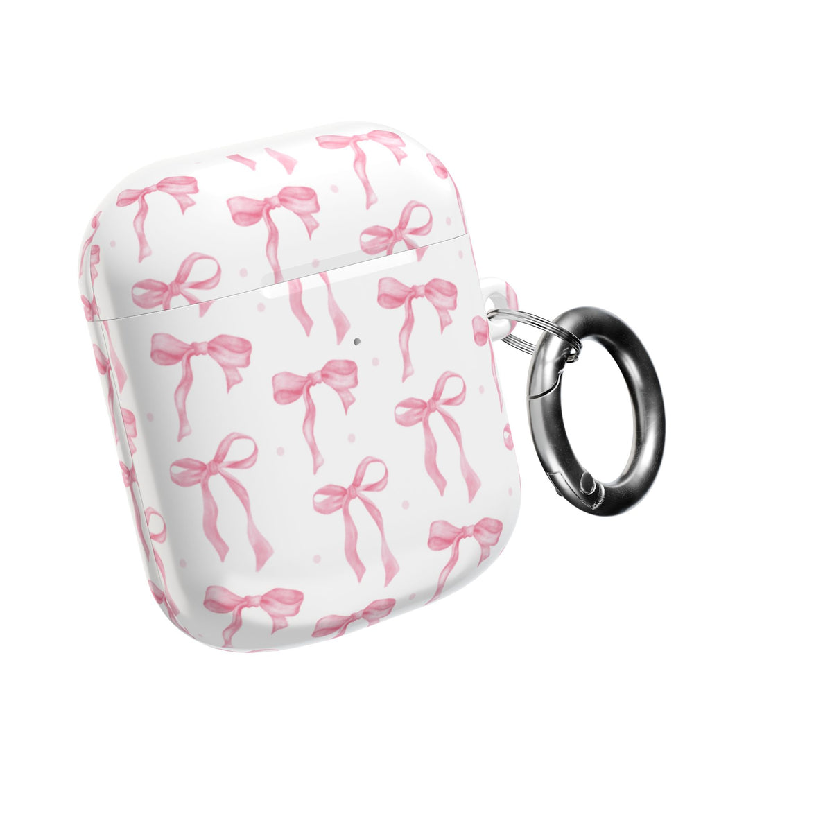 Pink Bow AirPods case seen from the side with the carabiner clip