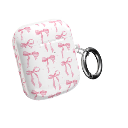 Pink Bow AirPods case seen from the side with the carabiner clip