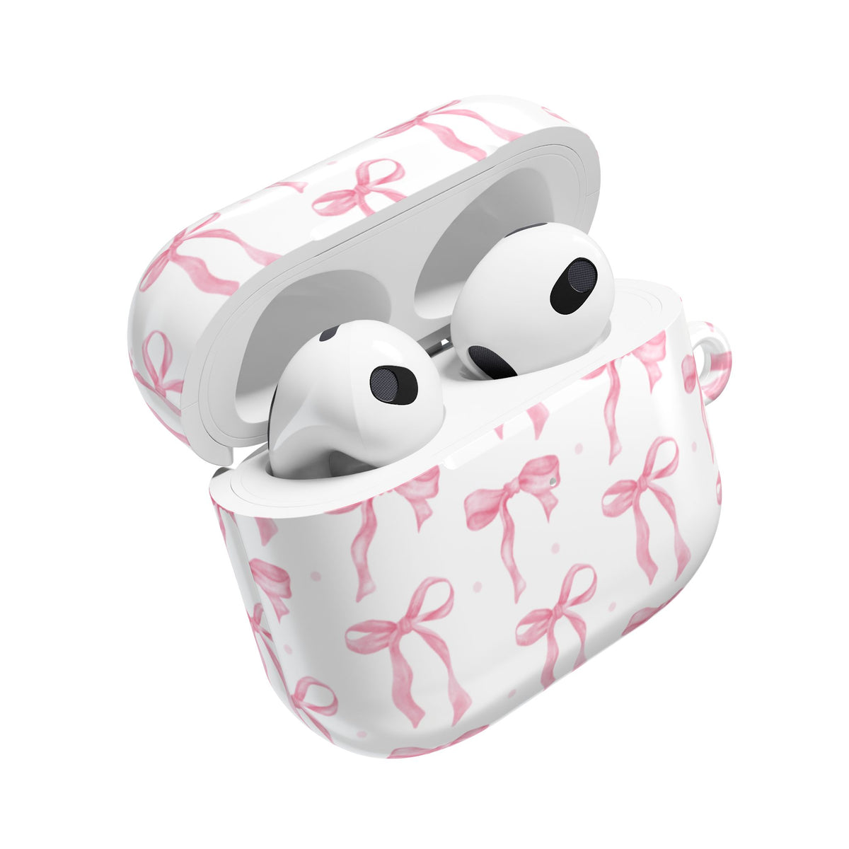 Pink Bow AirPods case open with the AirPods inside