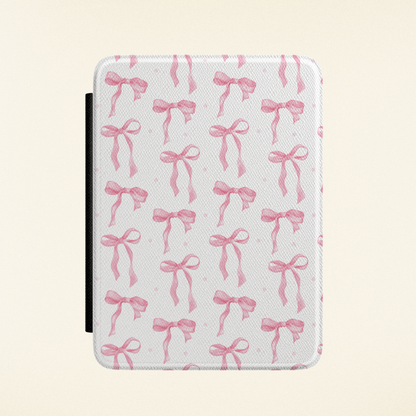 Pink Bow Kindle case with soft rose ribbons on a white ground