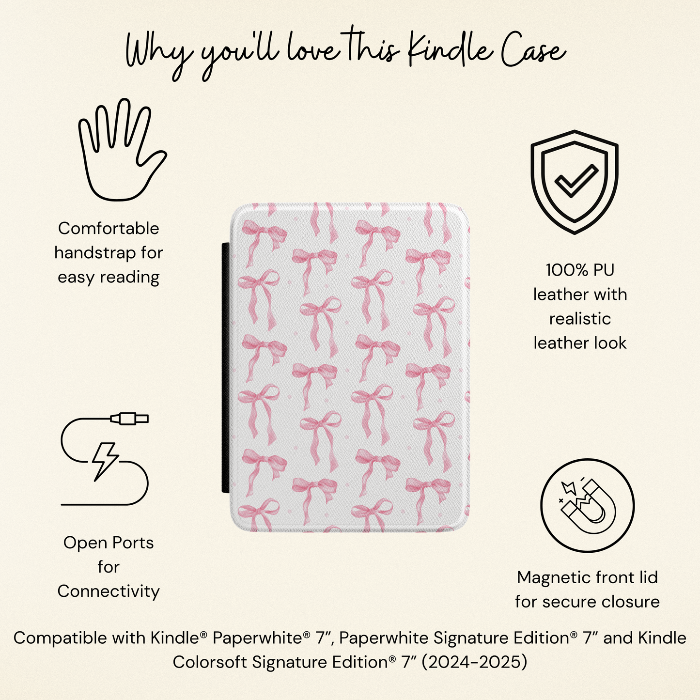Pink Bow Kindle case showing the loops and trailing ribbon tails