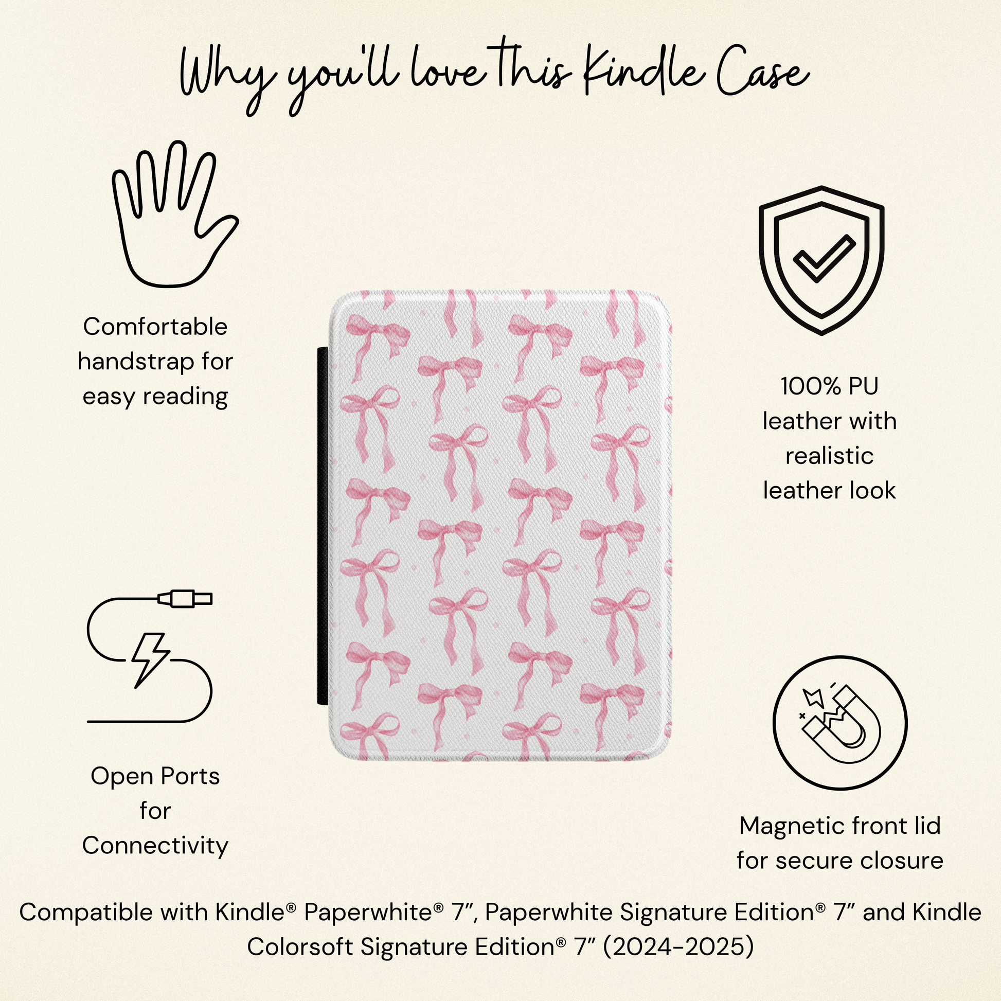 Pink Bow Kindle case showing the loops and trailing ribbon tails