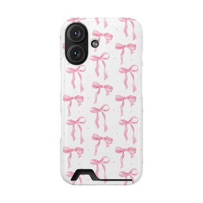 Pink Bow phone case with card holder in a watercolour bow print