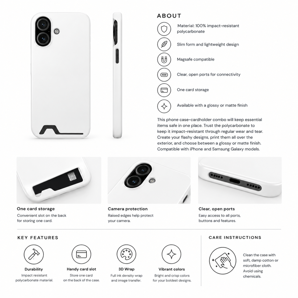 Phone case with card holder size and compatibility information card