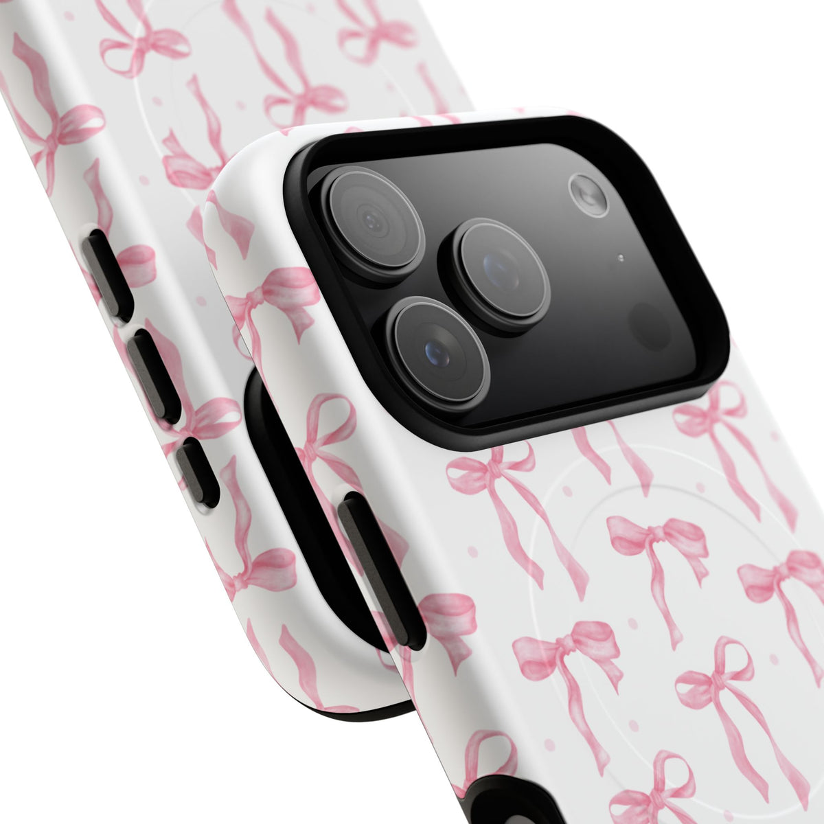 Close-up of the camera cutout on the Pink Bow MagSafe case