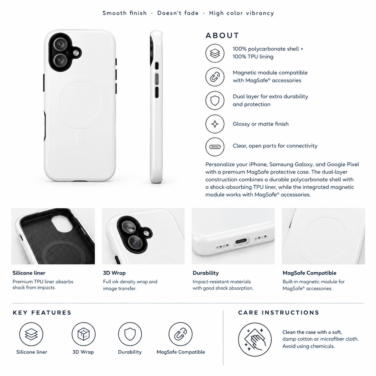 Tough magnetic phone case size and compatibility information card