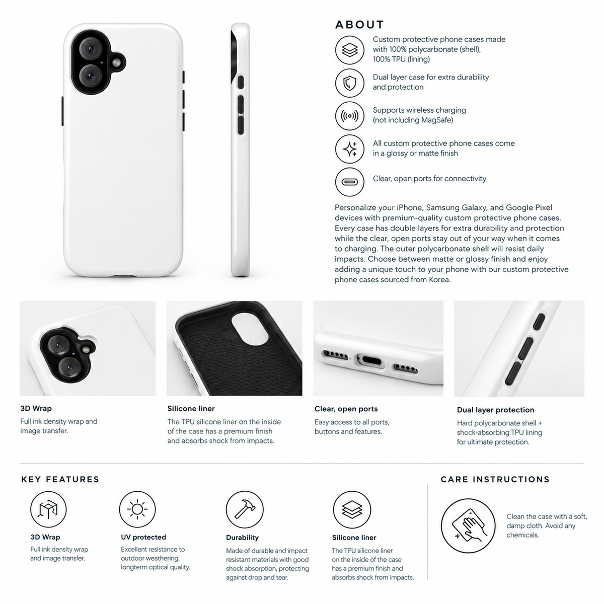 Tough phone case size and compatibility information card