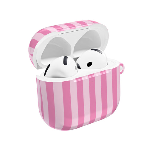 Pink Cabana Stripe AirPods case open with AirPods inside