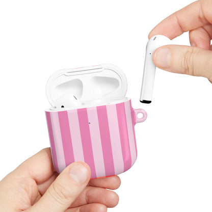 Pink Cabana Stripe AirPods case held in hand while taking out an AirPod