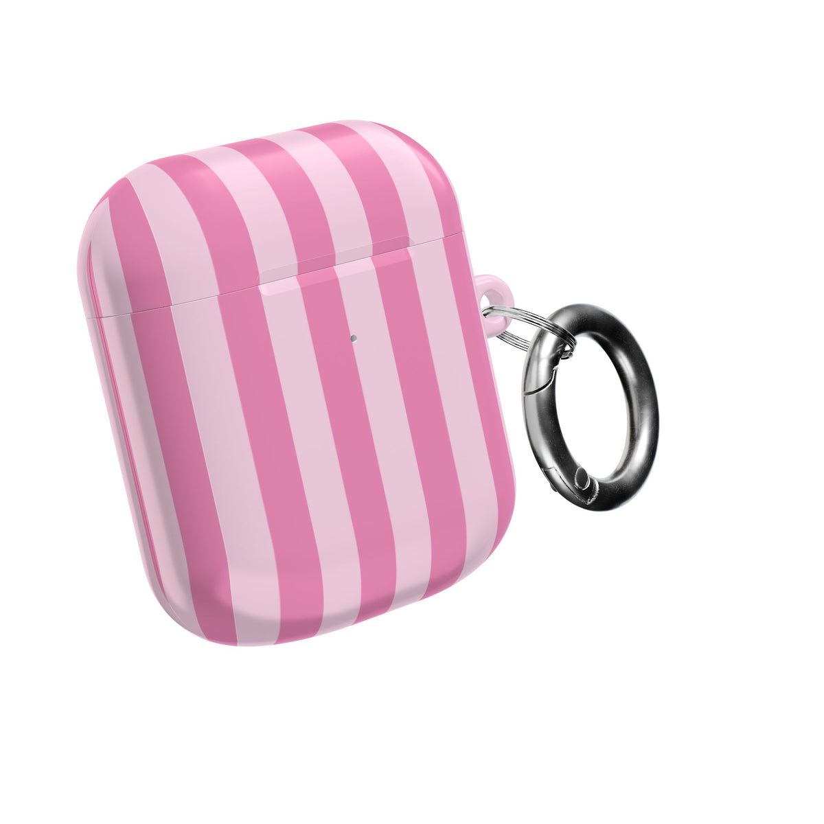 Pink Cabana Stripe AirPods case closed, with the carabiner clip