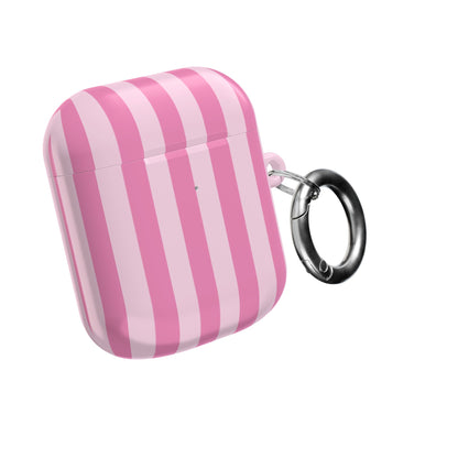 Pink Cabana Stripe AirPods case closed, with the carabiner clip