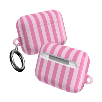 Front and back of the Pink Cabana Stripe AirPods case with carabiner