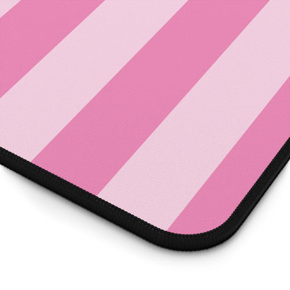 Close-up of the stitched edge and stripes of the pink cabana stripe desk mat