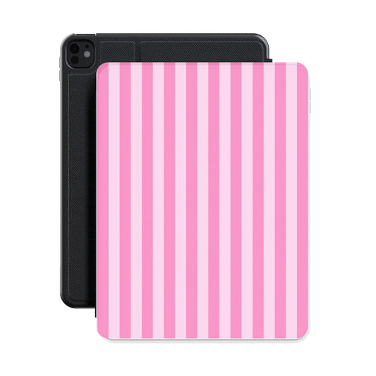 Pink cabana stripe iPad case shown with an iPad