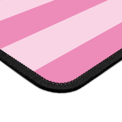 Close-up of the stitched edge of the pink cabana stripe mouse mat
