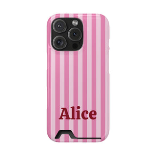 Pink Cabana Stripe phone case with card holder, personalized with a name