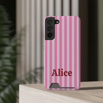 Pink Cabana Stripe card holder phone case on a ledge